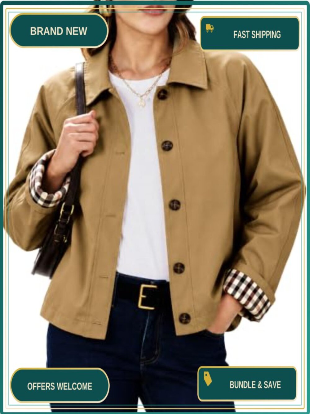 Women's Oversize Crop Trench Coat Plaid Lined Pockets